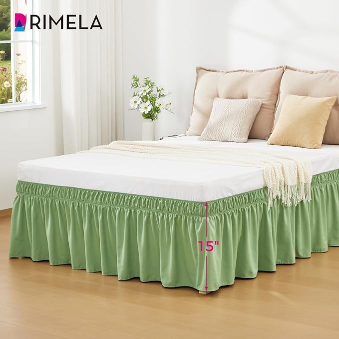 RIMELA Light Green Bed Skirt King Size 15 Inch Drop, Elastic Bed Skirting, Bedding Dust Ruffle Easy to Install, Lightweight Wrap Around Adjustable Bedskirt, Bedroom Decor