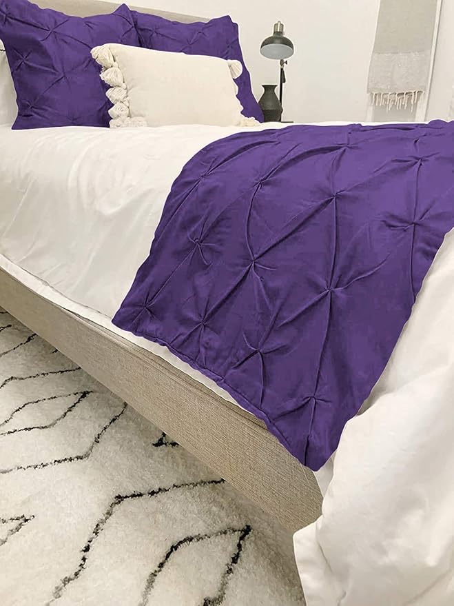 Bed Runner Set - 100% Pure Cotton 800 Thread Count - Luxury 1 Pinch Pleated Bed Runner and 2 Pillow Cover - 3 Piece Pinch Pleated Bed Runner Set Twin, Purple