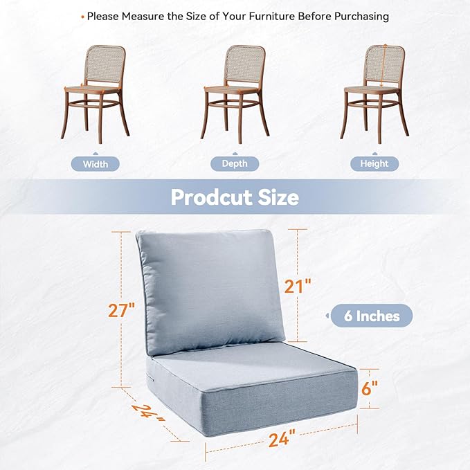 Luxury 6" Outdoor Cushions for Patio Furniture, 24x24x6" Thick Seat Cushion Set of 5, Fade Resistant Couch Chair Replacement Cushions High Density Wicker Chair Cushion w/ Removable Cover Baby Blue