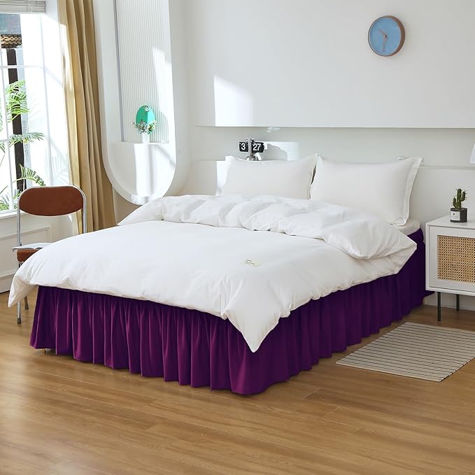 MEILA Wrap Around Bed Skirt Three Fabric Sides Elastic Dust Ruffled 24 Inch Tailored Drop,Easy to Install Fade Resistant-Purple, Queen/King