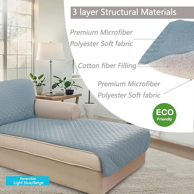 U-NICE HOME Sectional Couch Cover for Dogs Chaise Lounge Reversible Sofa Cover Furniture Protector Cover for Pets with Elastic Adjustable Strap (Chaise Lounge, Light Blue/Beige)