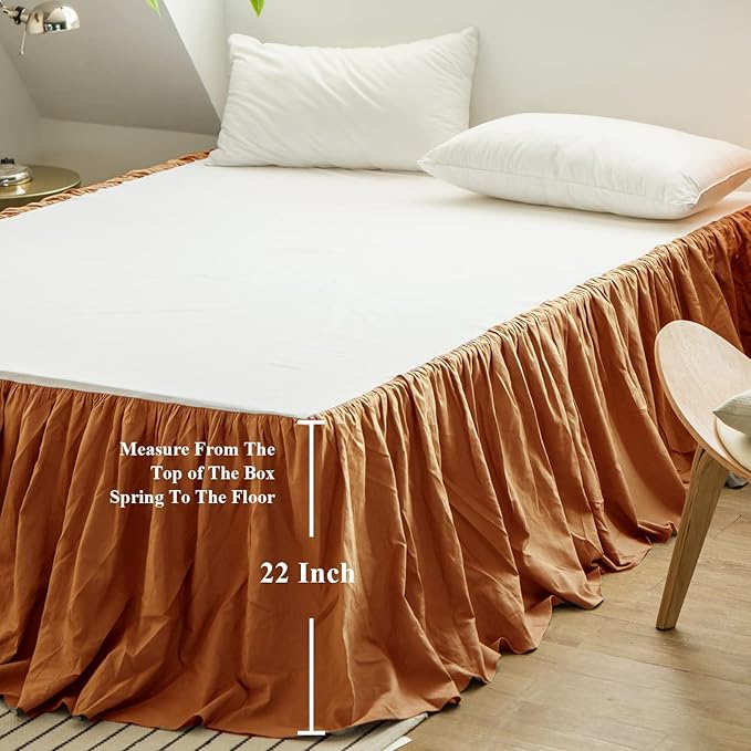 BISELINA French Linen Bed Skirt with Pleated Frills 22-Inch Tailored Drop Natural Flax Cotton Blend Dust Ruffle Soft Cozy Farmhouse Bedding (22" King, Rust)