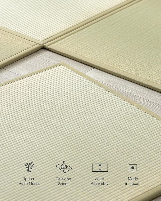 FULI Japanese Square Tatami Rug, Lightweight Igusa Mat (Japanese Rush Grass), Made in Japan (Natural, 6 Pieces)