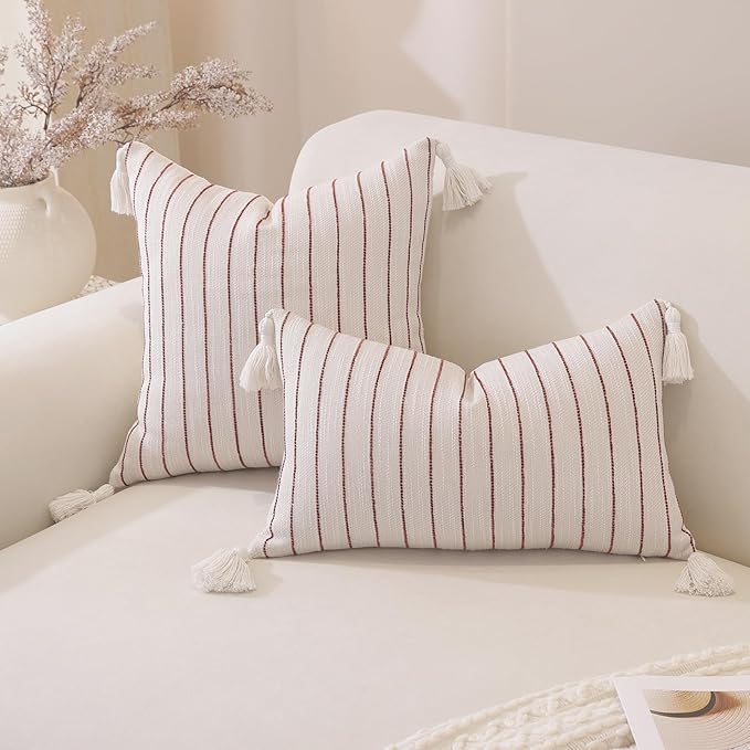 Decorative Boho Throw Pillow Covers 18x18 Inch Set of 2, Textured Linen Striped Pillow Covers with Tassels, Soft & Cozy Farmhouse Decorative Pillow Cases for Sofa Couch Bed Living Room