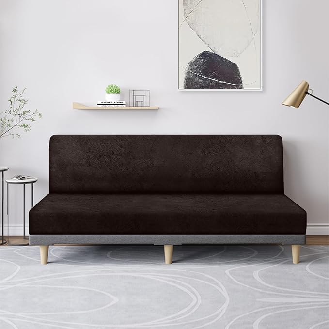 molasofa Leather Like Stretch Futon Slipcover Armless Sofa Cover Furniture Protector with Elastic Bottom, Soft and Washable Futon Cover for Sofa Bed （Larger，Chocolate）