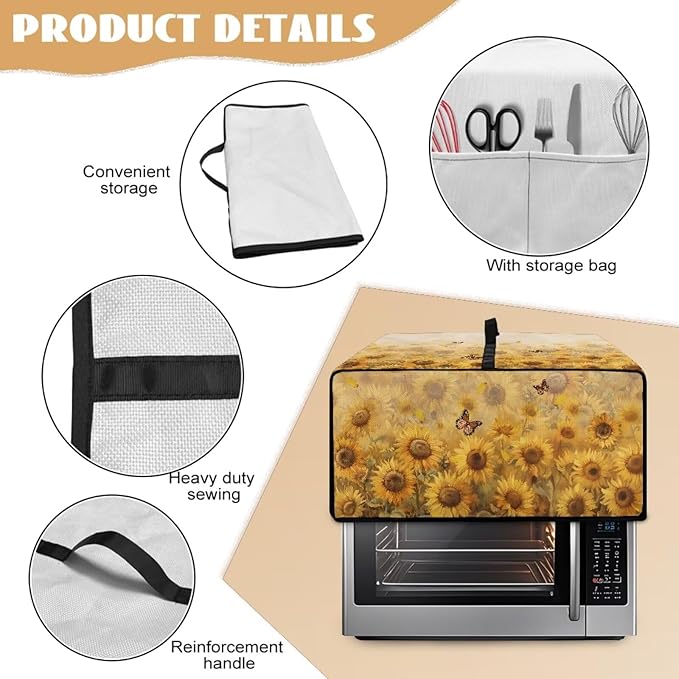 Microwave Oven Cover Dustproof Air Fryer Toaster Oven Protector with Storage Pockets, Stain-resistant Small Appliance Cover for Kitchen Decor, L, Sunflower Butterfly