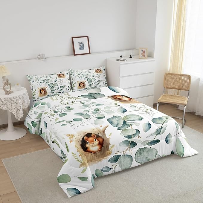 Erosebridal Kawaii Squirrel King Size Comforter Set for Boys Girls Cartoon Animal Bedding Set, Eucalyptus Leaves Down Comforter Jungle Wildlife Bed Set, Tropical Botanical Plants Quilted Duvet