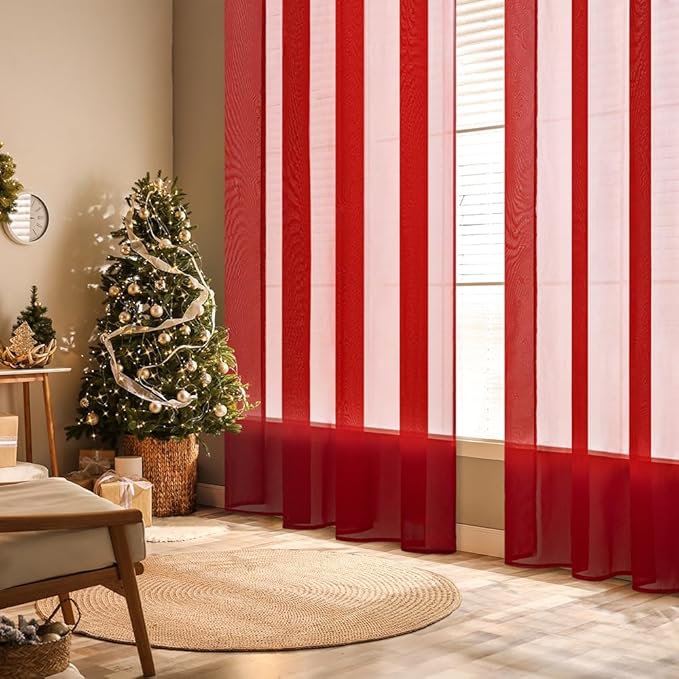 MIULEE 2 Panels Red Solid Color Sheer Christmas Window Curtains Elegant Window Voile Panels/Drapes/Treatment for Bedroom Living Room (54X72 Inches)