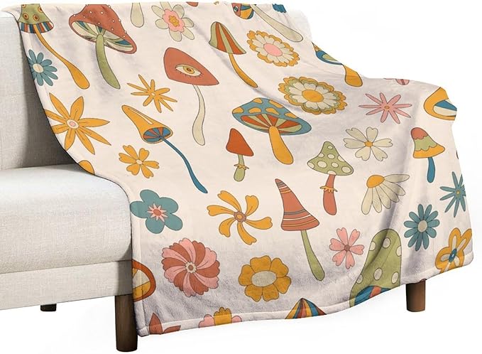 70s Mushroom Throw Blanket, Retro 60s Groovy Mushroom Boho Hippie Flowers Print Blanket for Kids Baby Bedroom Sofa Holiday Decor 40"x50"