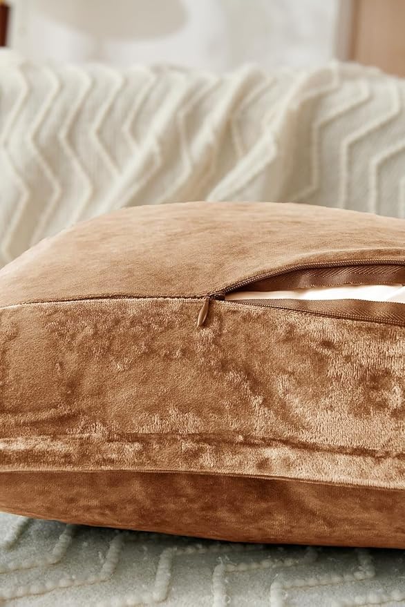 Luxurious Velvet Euro Shams Decorative Throw Pillow Covers 26x26 Set of 2 Solid Square Euro Pillow Shams for Sofa Couch Bedroom, Caramel
