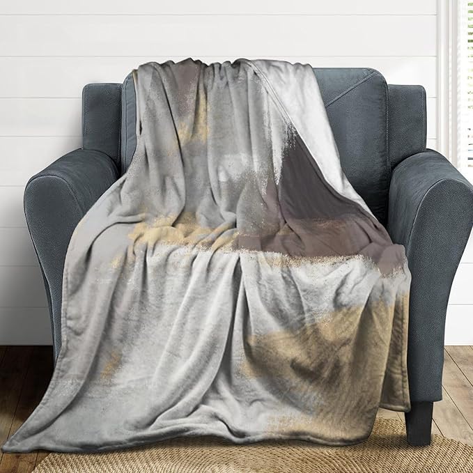 Fashion Gradient Blanket, Modern Abstract Baroque Grey Glod Painting Strokes Pattern Soft Warm Cozy Plush Flannel Covers for Livingroom Bedroom Couch Chair Camping Travel Home Decor Tapestry 60x80in