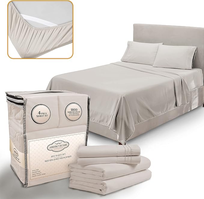 Full Size Bed Sheets Cooling - Luxury Hotel Sheet Set - Soft Sheets with Elastic Corner Straps - Deep Pocket Microfiber Bedsheets - Bedding Sheet & Pillowcases - 4 PC (Full Size, Beige)