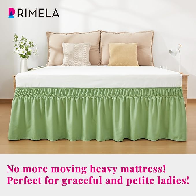 RIMELA Light Green Bed Skirt Twin Size 15 Inch Drop, Elastic Bed Skirting, Bedding Dust Ruffle Easy to Install, Hotel Quality Wrap Around Bedskirt, Bedroom Decor