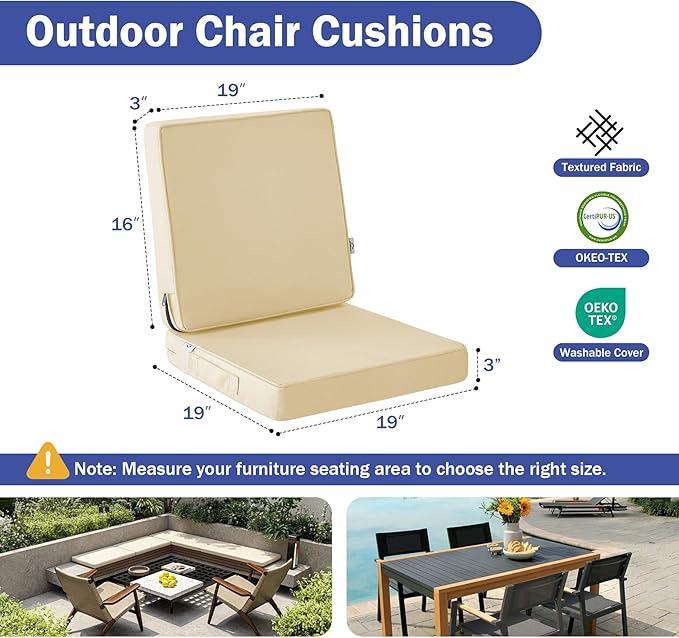 Outdoor Chair Cushions, Waterproof Patio Chair Cushions 19x19x3 Inch, Outdoor Cushions with Removable Cover for Sofa, Fade Resistant Patio Cushions for Outdoor Furniture, Beige