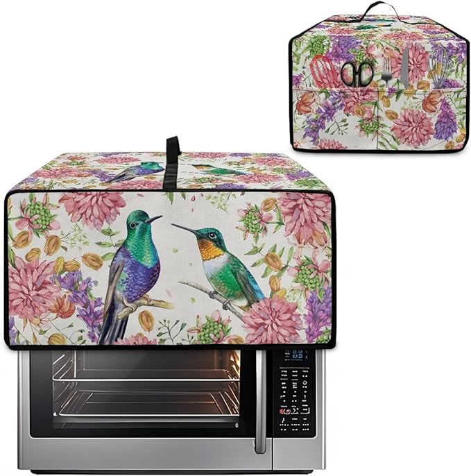 Watercolor Flower Hummingbird Print Microwave Oven Cover Dust-Proof Microwave Toaster Oven Cover Waterproof Foldable Kitchen Appliance Protector Suitable for Most Microwave Ovens, L