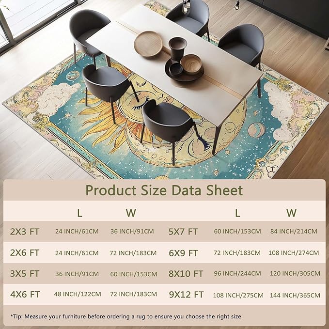 2x3 Sun and Moon Entryway Area Rug Blue Yellow Hippie Celestial Bathroom Rug Non-Slip Machine Washable Low Pile Small Carpet Kitchen Bedroom Door Mat Entrance