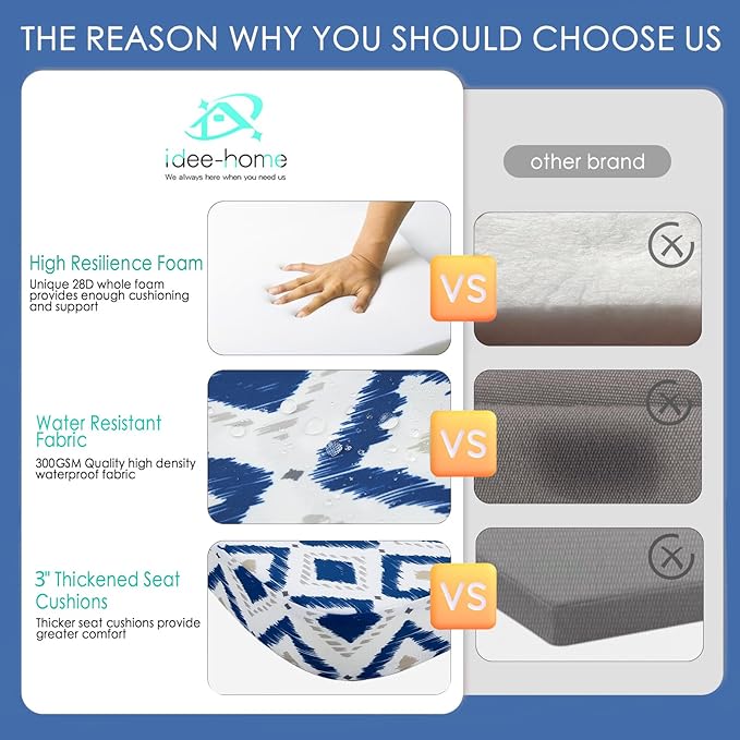 idee-home Outdoor Chair Cushions Set of 2, Thick 17" x 17" x 3" Outdoor Seat Cushions Patio Furniture Waterproof with Ties, Dining Pads