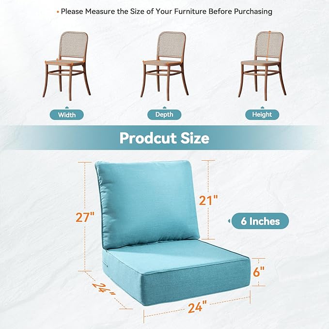 Luxury 6" Outdoor Cushions for Patio Furniture, 24x24x6" Thick Seat Cushion Set of 6, Fade Resistant Couch Chair Replacement Cushions High Density Deep Wicker Chair Cushion w/ Removable Cover, Teal
