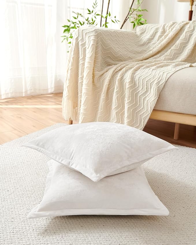 Luxurious Velvet Throw Pillow Covers 20x20 Set of 2 Decorative Pillow Covers Solid Square Cushion Case for Sofa Couch Bedroom Farmhouse, Off White
