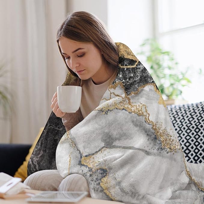 Modern Marble Blanket, Abstract Luxury Baroque Golden Black White Stone Veins Pattern Soft Warm Cozy Plush Flannel Covers for Livingroom Bedroom Couch Chair Camping Travel Home Decor Tapestry 40x50in