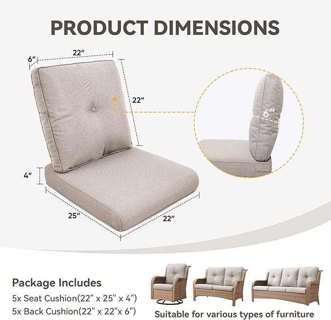 Patio Cushions for Outdoor Furniture - 22" x 25" x 4" UV Resistant Thick Foam Cushions Water Resistant Replacement Cushion for Outdoor Patio Furniture Chair/Sofa/Couch | Beige | 5-Pack |