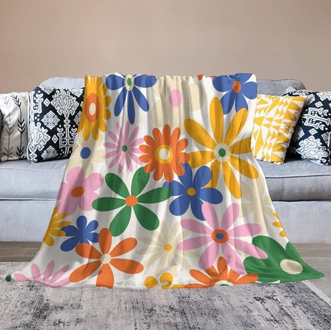70s Retro Flower Throw Blanket, 60s Vintage Groovy Daisy Flowers Boho Hippie Bright Colorful Floral Print Blanket for Couch Chair Sofa Bed Dorm Bedroom Home 50"x60"
