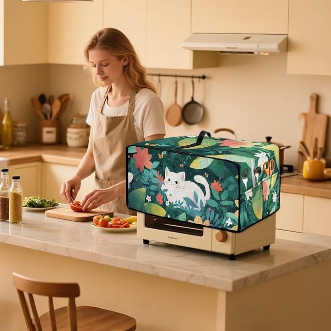 Air Fryer Toaster Oven Dust Cover Protective Convection Oven Cover with Pockets and Handle for Kitchen Countertop, L, 18.5 x 22.5 x 13 Inches, White Cat Green Leaf Flower