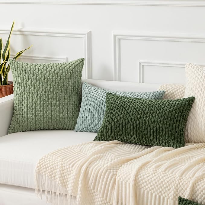 Kevin Textile 12x24 Inch Pillow Cover 1 Pack Boho Decorative Soft Striped Corduroy Lumbar Farmhouse Solid Color Accent Rectangle Cushion Case for Living Room Couch Sofa Bed, Moss Green