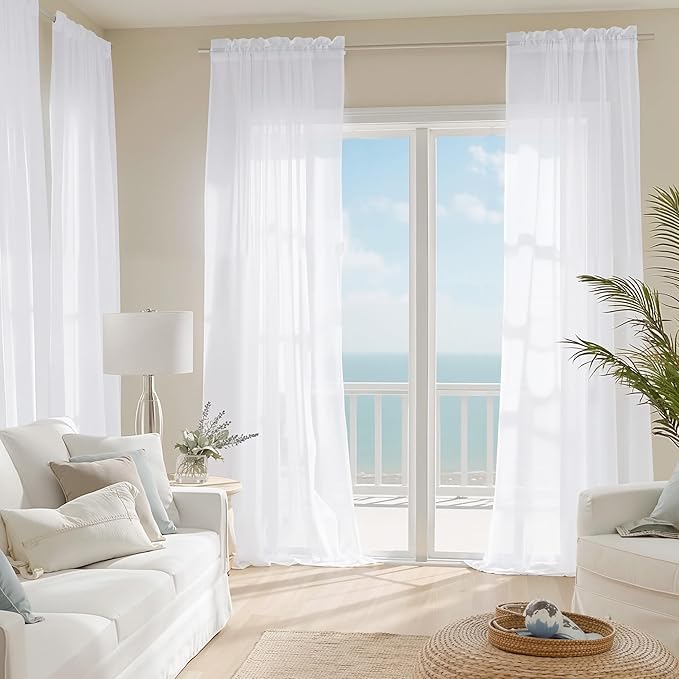 NICETOWN White Sheer Curtains 63 inches Long 4 Panels, 42 inch Wide Rod Pocket Light Filtering Drapes Translucent Modern Voile Airy & Breathable Window Treatment for Kitchen