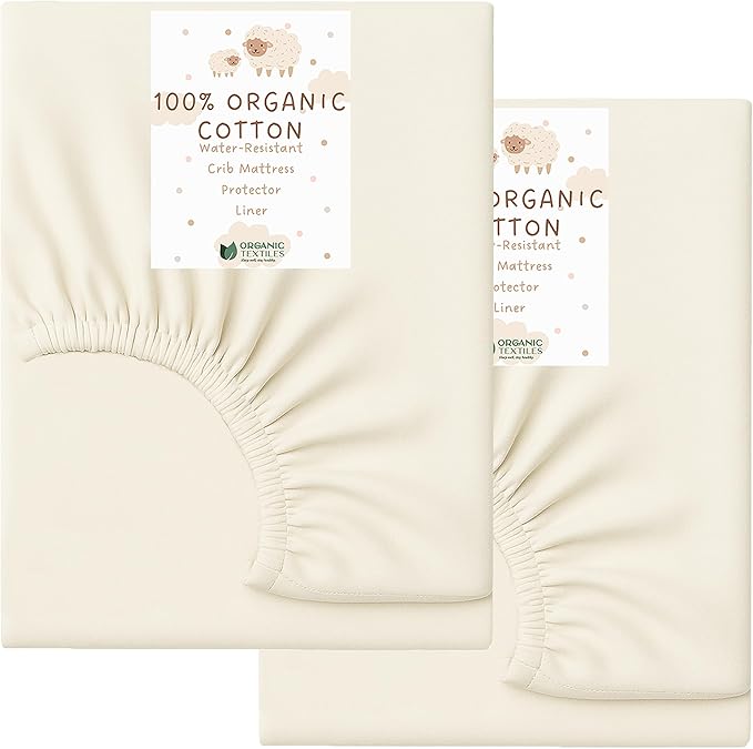 Organic Cotton Crib Mattress Protector (Water-Resistant) - Breathable Fitted Liner Pad, GOTS-Certified, Hypoallergenic, Made in USA - Playard 38"x26" - Pack of 2