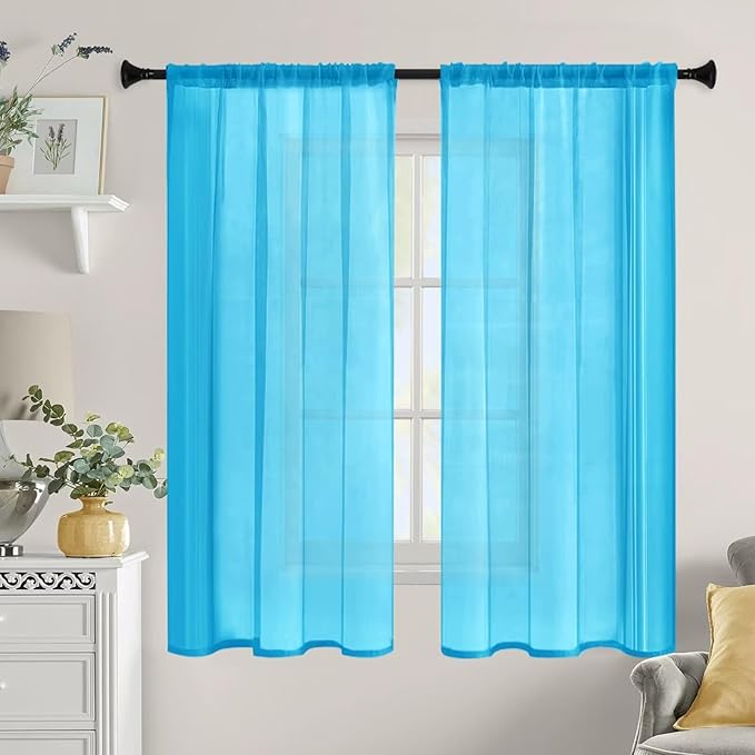 Sheer Curtains 72 Inches Long 2 Panels, Rod Pocket Short Curtain for Kitchen, Bedroom, Cafe Window(Cyan Blue 38" W x 72" L)