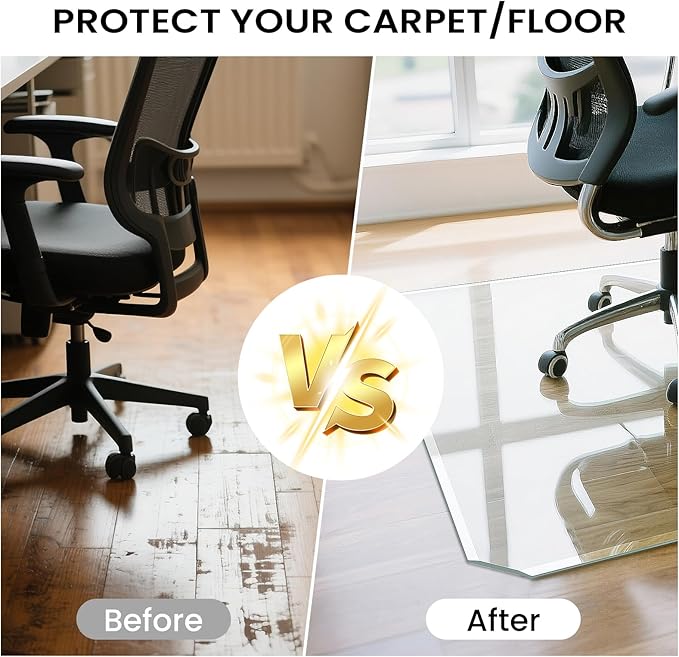 Tempered Glass Chair Mat with Patented Beveled Edge, 36”x46” 1/5" Thick Office Floor Mat for Carpet & Hardwood, w/ 12 Anti-Slip Pads