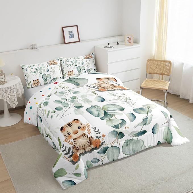 Erosebridal Kids Cute Animal Queen Size Comforter Set for Girls Boys Cartoon Tiger Bedding Set, Spring Eucalyptus Down Comforter Watercolor Leaves Bed Set, Kawaii Jungle Animal Quilted Duvet