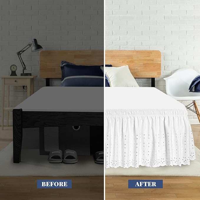 Twin Bed Skirt, Wrap-Around Elastic Ruffled Eyelet Bed Skirt Twin Size Dust Ruffle with Gathered Styling and Embroidered Details, 18" Drop Length (White)
