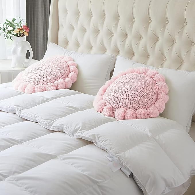 Boho Round Throw Pillow with Cute Handmade Pom Poms Tassels 18 Inch, Decorative Circular Knitted Crochet Cushion for Couch, Sofa, Chair, Bed, Pink