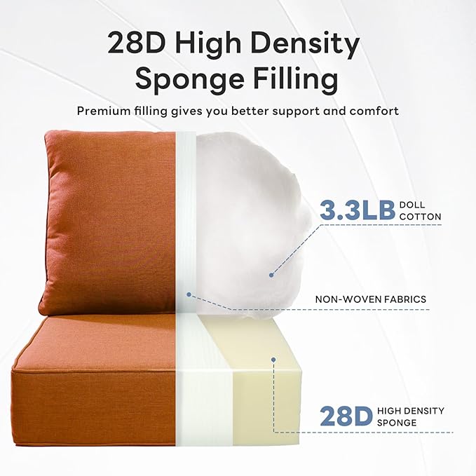 6 inches Thicker Outdoor Chair Cushions Set- 24" *24" *6" Waterproof Patio Furniture Cushions with Removable Cover, 28D High Density Sponge Filling Thicken Outdoor Patio Cushions - Orange