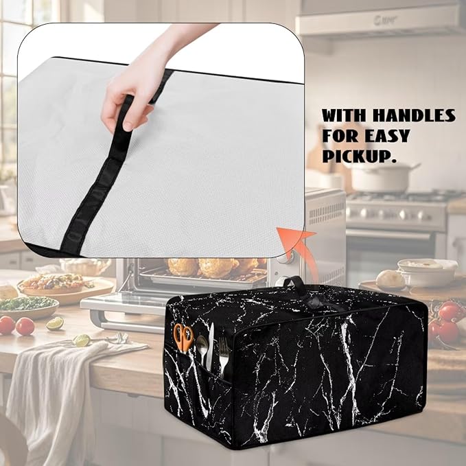 Air Fryer Toaster Oven Dust Cover Protective Microwave Oven Cover with Pockets, Dust-proof Countertop Appliance Protector, L, 18.5 x 22.5 x 13 Inches, Black Marble White Crack