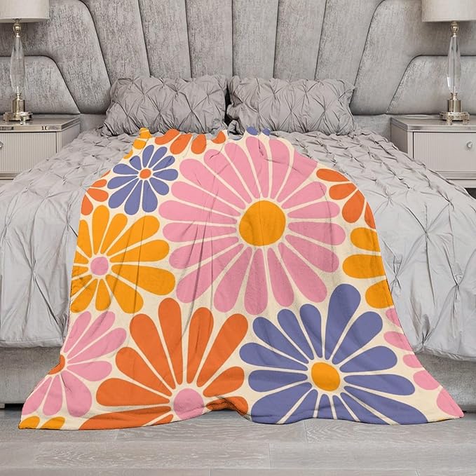 1970s Hippie Floral Throw Blanket, Retro Orange Pink Blue Flower Boho Groovy Daisy Flowers Comfortable Blanket for Couch Sofa Couch Chair 40"x50"
