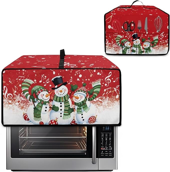 Christmas Convection Toaster Oven Cover with Pockets, Holiday Decor Smart Microwave Baking Oven Dust Cover for Countertop, S, 14.5 x 18.5 x 9 Inches, Snowman Musical Note Red