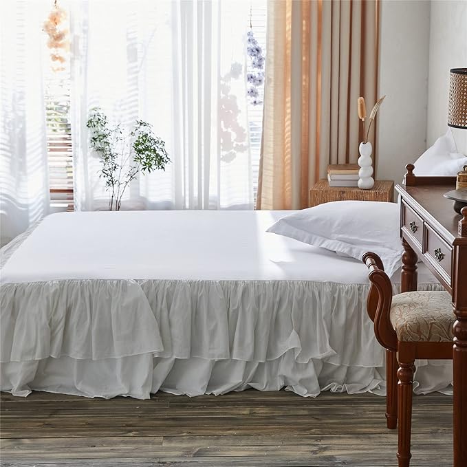 BISELINA White Ruffled Bed Skirt 22-Inch Tailored Drop Cotton Voile Dust Ruffle Soft Cozy Elegant Luxurious Bedding (22" Queen, White)