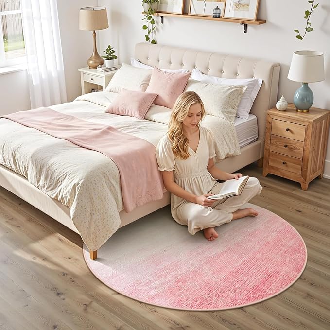 Wonnitar Modern Ombre Pink 5ft Round Rug, Non-Slip Washable Living Room Rugs, Soft Round Bathroom Throw Mat, Large Bedroom Circle Accent Carpet for Nursery Den Bedside (Pink, Round 5ft)