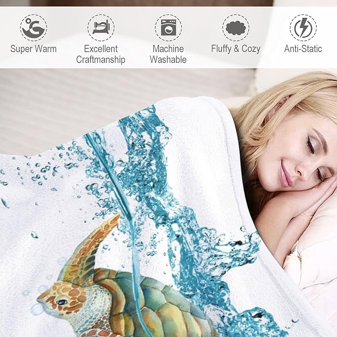Sea Turtle Throw Blanket, Teal Blue Ocean Underwater Animal Starfish Fish Nautical Coastal Theme Fleece Flannel Blanket for Couch Sofa Bedroom Adults Kids, 60"x80"