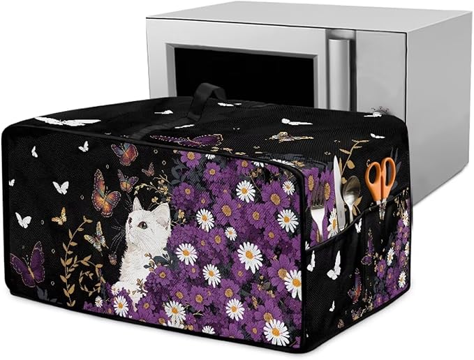 Toaster Oven Cover with Side Pockets, Dustproof Smart Microwave Convection Oven Cover with Handle, for Kitchen Decor, M, 16.5" x 20.5" x 10", White Cat Violet Daisy Butterfly Black
