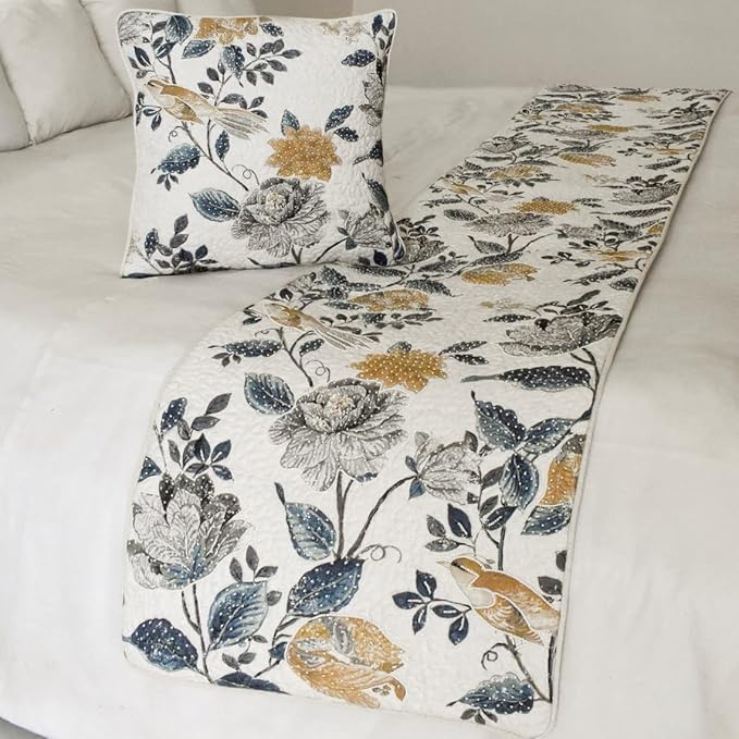 The HomeCentric King/Queen/Twin Blue & Ivory Designer King 90"x18" Bed Runner with Pillow Cover, Bird, Pearl & Quilted Bed Scarf on Linen Fabric - Vintage Birdena