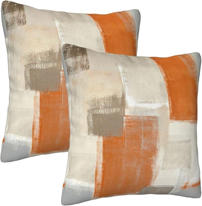 bassyil Orange Grey Abstract Art Painting Throw Pillow Covers Decorative Linen Pillow Cases Set of 2 Square Cushion Cover for Couch Sofa Bedroom Patio 18x18 Inch