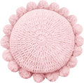 Boho Round Throw Pillow with Cute Handmade Pom Poms Tassels 18 Inch, Decorative Circular Knitted Crochet Cushion for Couch, Sofa, Chair, Bed, Pink