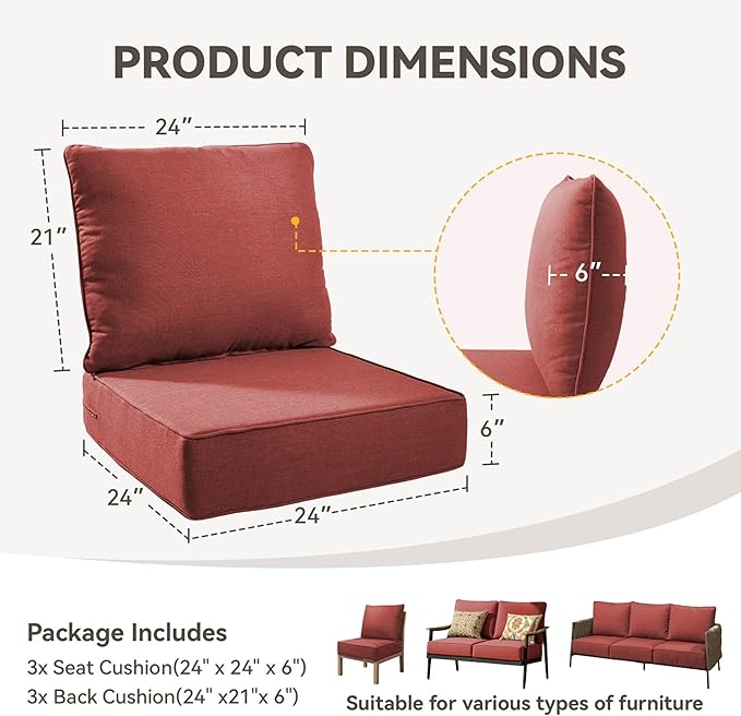Outdoor Cushion Set for Furniture Patio Furniture, UV Resistant, Water Resistant - 6 Inch Thick Foam Garden Cushions– 24x24 Inch Patio Seat Covers for Chair/Sofa/Couch | Red | 3-Pack |