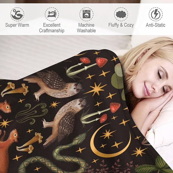 Rustic Forest Throw Blanket, Fairy Tale Forest Land Wild Animals Moths Flowers Moon Star Soft Flannal Blanket for Adult Kids Bed Couch Sofa, 60"x80"