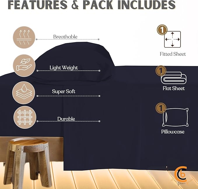 Twin Size Cot Sheet Set 31" x 75" x 9" 3 Piece - Cot Size Fitted Sheets fits Upto 9" with Narrow Twin/Camp Bunk/Rvs Bunk/Guest Beds/Trifold Mattress,Twin Sheet Set, Navy Blue