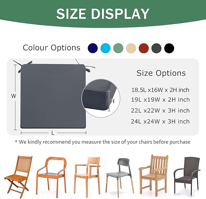 Outdoor Chair Cushions Set of 2: Waterproof & Color Fastness Seat Cushion for Patio Furniture - 22 x 22 x 3 Inch Chair Pads with Ties and Hidden Zipper - Patio Chair Cushion Replacement, Dark Grey